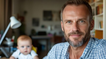 A father balances work and parenting in a comfortable setting, skillfully managing his home office alongside his attentive baby