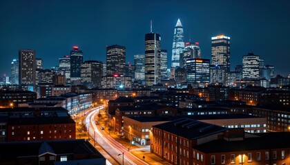 Fototapeta premium City skyline at night. Illuminated buildings stand out against dark sky. Urban landscape with traffic lights and buildings. City centre view. Busy urban night scene.