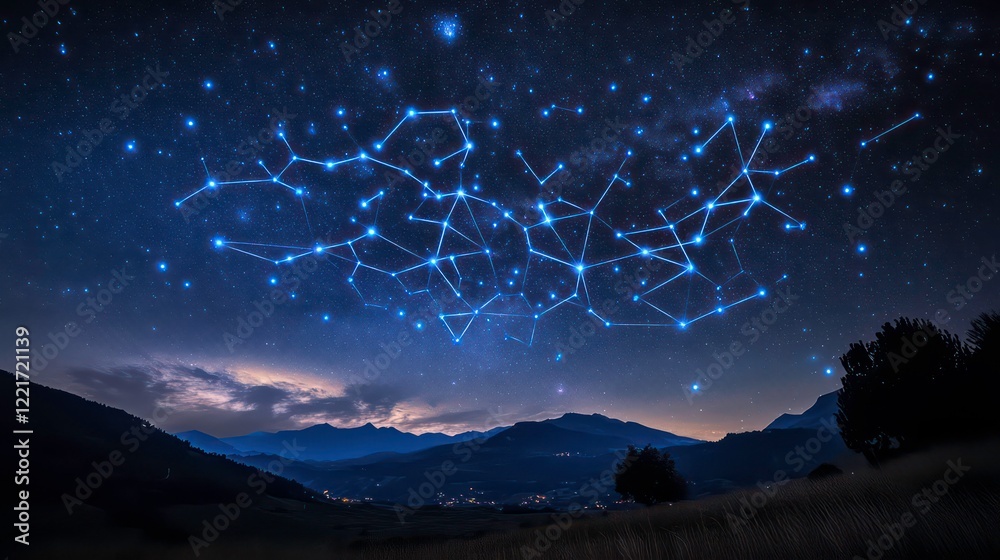 Wall mural a celestial network of interconnected points, illuminated against a backdrop of a starry night sky, 