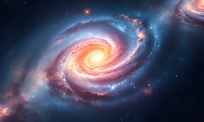 A vibrant spiral galaxy with orange and purple hues, suitable for space-themed designs, astronomy publications, or science-related projects