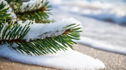 Pine branches dusted with snow rest on a snowy beach, with waves softly lapping at the shoreline under a winter sky