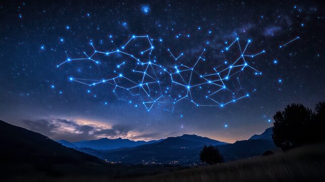 A celestial network of interconnected points, illuminated against a backdrop of a starry night sky, representing the vastness of the cosmos and the interconnectedness of all things.