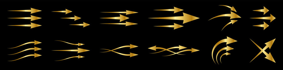 Set of different golden arrows showing air flow. Arrow mark icons set. Arrow sign for business and decoration, websites and app. Vector illustration isolated on black background.