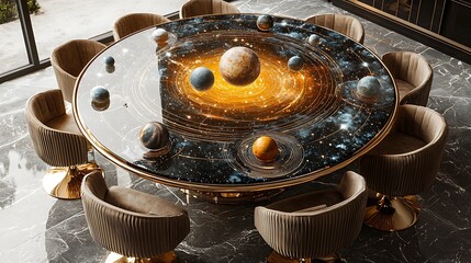 A celestial dining table with a rotating centerpiece that mimics the movement planets around a star