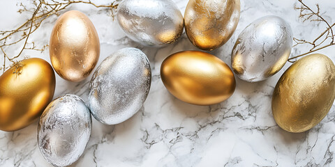 Gold and Silver Metallic Easter Eggs on a Mat