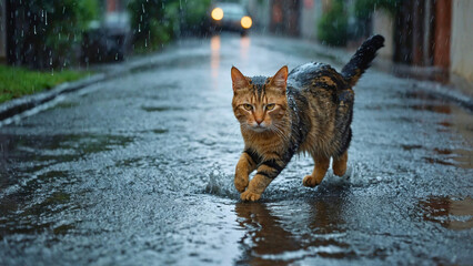 Obraz premium cat looks confused, its ears flattening back as it starts to move to find shelter.