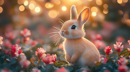 Easter bunny figurine surrounded by spring flowers and twinkling fairy lights