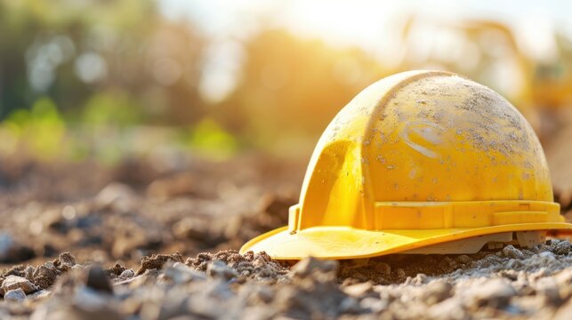 Bright yellow hard hat lies on construction site plans, highlighting safety in a bustling building project in the warm afternoon