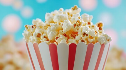 Freshly popped popcorn fills a vibrant red and white striped bucket, perfect for sharing during movie time with friends or family