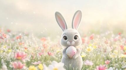 Fototapeta premium Easter Bunny holding eggs with a meadow of flowers in the spring, greeting card banner with copy space