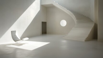 Obraz premium Modern Minimalist Interior Design with Spiral Staircase and Chair