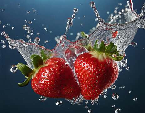 Fresas en agua fresca zumo salpicaduras