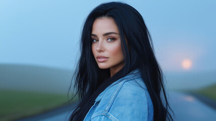 Fototapeta premium Mystical dawn portrait of woman with long black hair in denim jacket