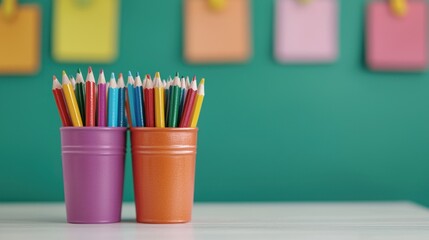 Fototapeta premium Colorful pencils in bright pots on a vibrant classroom desk