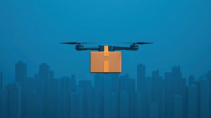 Drone carrying a yellow package over city skyline - futuristic urban delivery concept