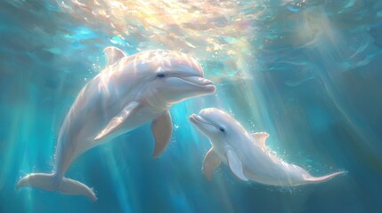Fototapeta premium Serene underwater scene with playful dolphins and sunlit ocean waters