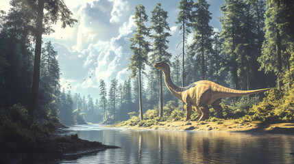 Prehistoric dinosaur in a serene forest glade by a river. Serene Glade. Illustration