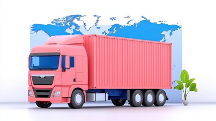 Pink semi-truck with cargo container against world map background