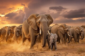 Fototapeta premium A Majestic Herd of African Elephants, Led by a Mother and her Calf, Charges Across the Savannah at Sunset Under a Dramatic Stormy Sky