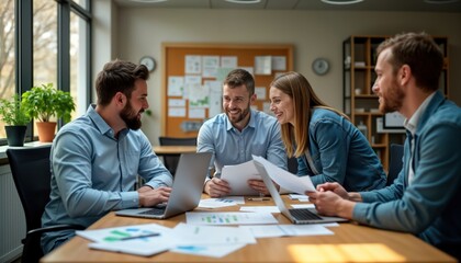 Obraz premium Business team collaborates in modern office. People brainstorm new project strategy. Smiling colleagues use laptops, papers. Teamwork, collaboration, discussion visible. Modern workspace with plants.