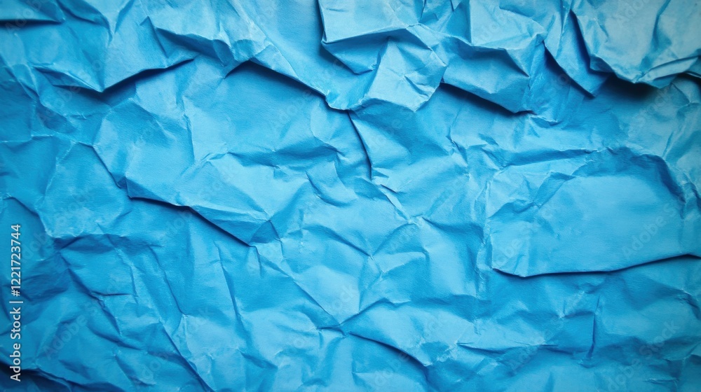 Poster crumpled blue paper creates a textured background with dynamic folds and subtle highlights, adding d