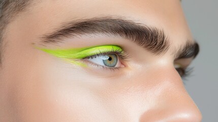Close-up of eye with bold neon green eyeliner and thick eyebrows