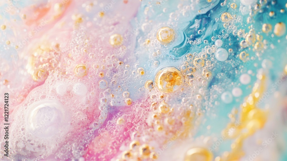 Poster vivid bubbles interact within a fluid composition, showcasing a spectrum of colors and intriguing te