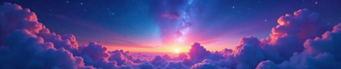 Fototapeta premium Iridescent colors of the rainbow appear in a starry night sky on clouds, iridescent, colors