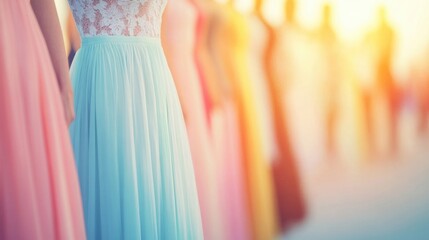 Obraz premium Rows of exquisite pastel gowns hang in a soft glow, highlighting intricate designs at a lavish runway fashion show just before sunset