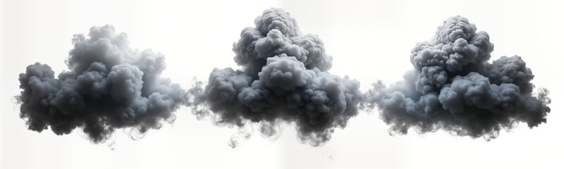 Abstract textured gray smoke clouds in dynamic motion against plain background. Flowing smoke shapes resemble cumulus clouds. Dramatic, atmospheric view ideal for graphic design, background,