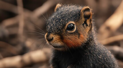 A close-up photo of a Douglas pine squirrel in its natural habitat , wildlife, forest, cute, furry, small, rodent