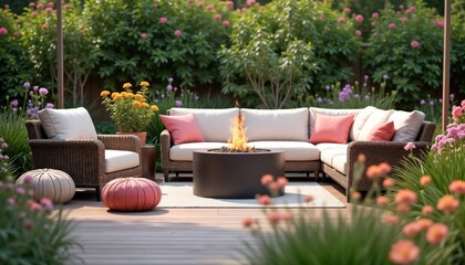 Fototapeta premium Outdoor patio area features contemporary furniture with fire pit. Comfortable wicker chairs, sectional sofa surrounded by vibrant flower garden. Relaxing atmosphere perfect for summer days, evenings.