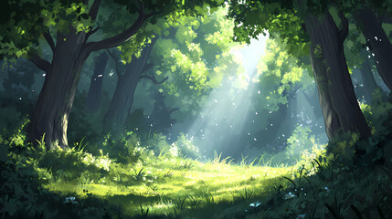 Fototapeta premium Sunbeams filter through lush green trees in a serene forest meadow, creating a tranquil, scenic nature landscape perfect for backgrounds and nature themes. Serene Glade. Illustration
