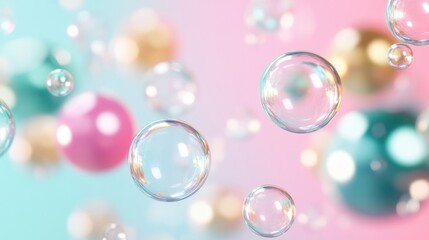 Delicate bubbles float effortlessly in a vibrant display, contrasting beautifully against a soft pink backdrop that enhances their colors