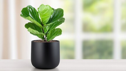 Fiddle leaf fig in sleek black planter on bright indoor table with blurred background