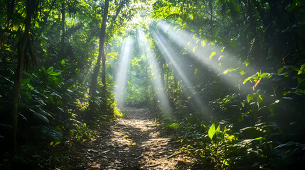Obraz premium Sunlight streams through the dense canopy of a lush forest, illuminating the path ahead. Serene Glade. Illustration