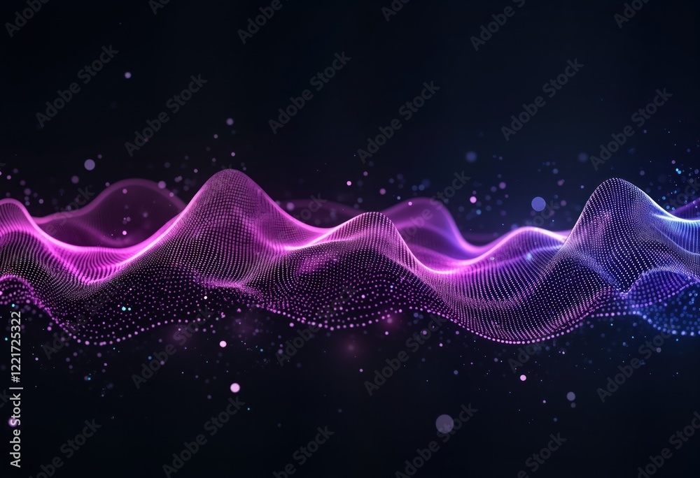 Poster abstract futuristic illustration shows dynamic purple wave patterns on dark background. glowing dots