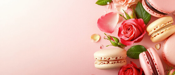Delicate macarons and vibrant roses create charming arrangement, evoking sense of sweetness and elegance. soft pink background enhances beauty of this delightful composition
