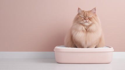 Fluffy cat sitting in litter box with closed eyes on pastel background