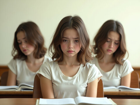Mujer estudiante desanimado en clase con diferentes estados de &aacute;nimo
