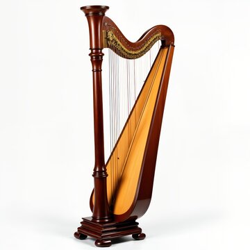 recommend clip art: Elegant classical harp stands on white background. Wooden instrument with gold details. Beautiful stringed instrument for music lovers. Musical instrument for concerts. Artistic piece of culture.