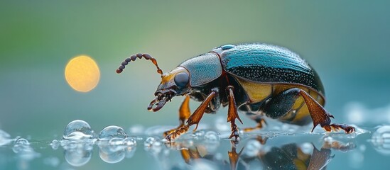 Fototapeta premium Closeup of a vibrant green and blue beetle resting on a dewy leaf with its reflection visible in the still water of a pond