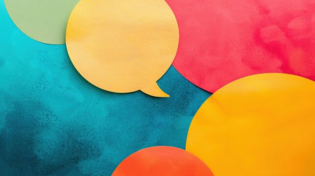 Bright speech bubbles in yellow, green, and red contrast against a lively blue and pink background, enhancing visual communication