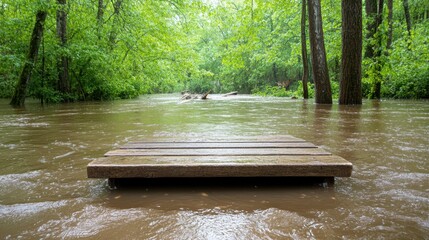 Serene forest flooded river with wooden platform and lush greenery