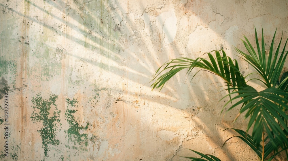 Wall mural a delicate palm leaf shadow creates fascinating patterns on a weathered wall, illuminated by soft su