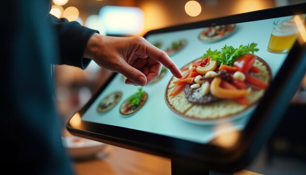 Person using interactive kiosk to order food, pay. Customer chooses dish from digital menu on touch screen. Electronic payment system. Modern eatery. Fast food service. Self-service restaurant.