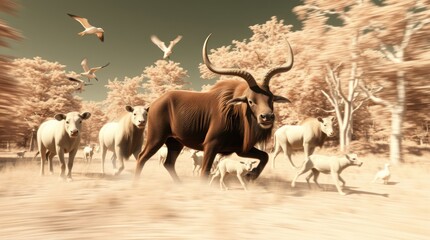 Fototapeta premium Close-up of an ox leading a herd in nature