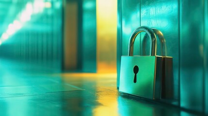 Fototapeta premium A digital padlock symbolizing cybersecurity and the protection of sensitive data in a technological context, emphasizing the importance of secure information storage and safety measures
