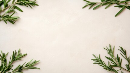 Fresh green rosemary sprigs framing light stone background for culinary and herbal themes