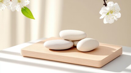 Minimalist spa scene with smooth stones and blooming flowers for relaxation